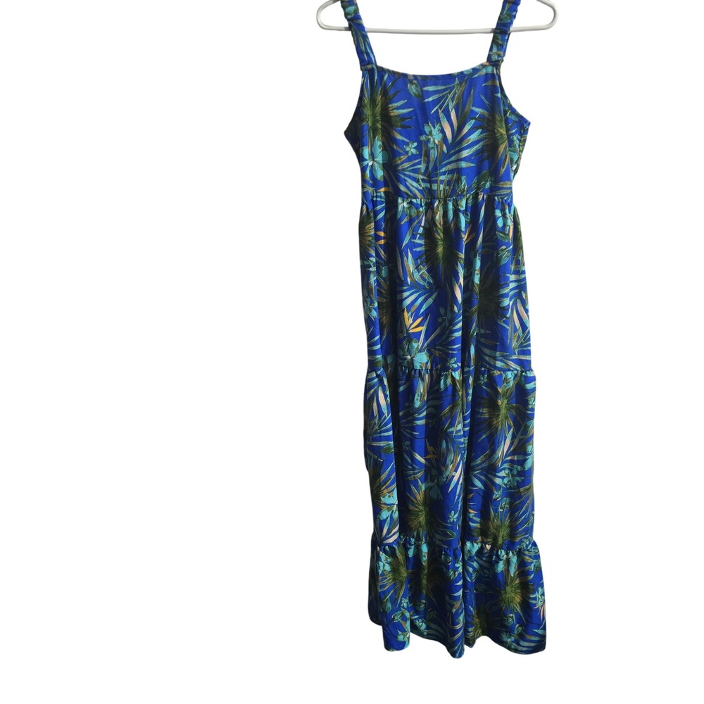B.O.G Collective Maxi Dress Womens Medium Blue Tropical Palm Leaf Tiered Skirt